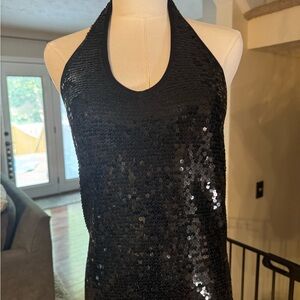 Black Sequin Silk Halter Top by Aqua, M